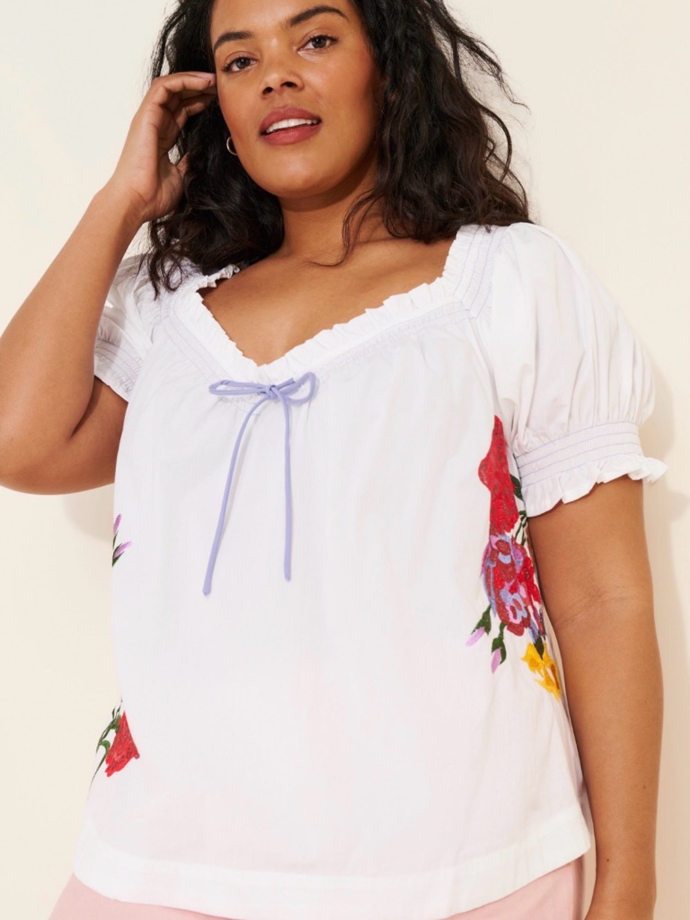 By Anthropologie Puff Sleeve Tie Front Floral Embroidered Blouse Like Nee Large - Picture 3 of 5